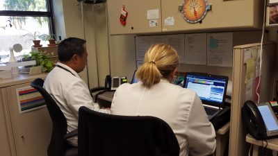 Two people in white coats sitting and working on laptops in an office