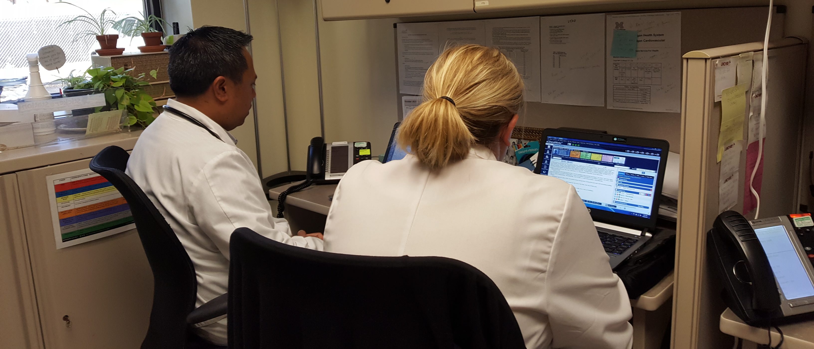 Two people in white coats sitting and working on laptops in an office